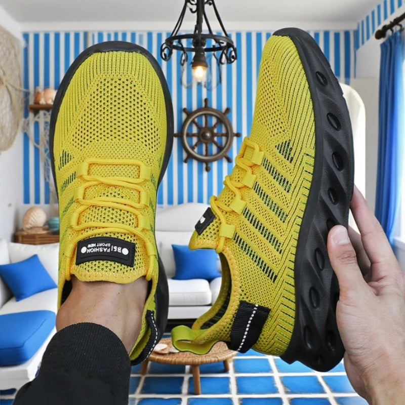 Tênis esportivo masculino absorção de impacto em amarelo, ideal para corridas e atividades físicas