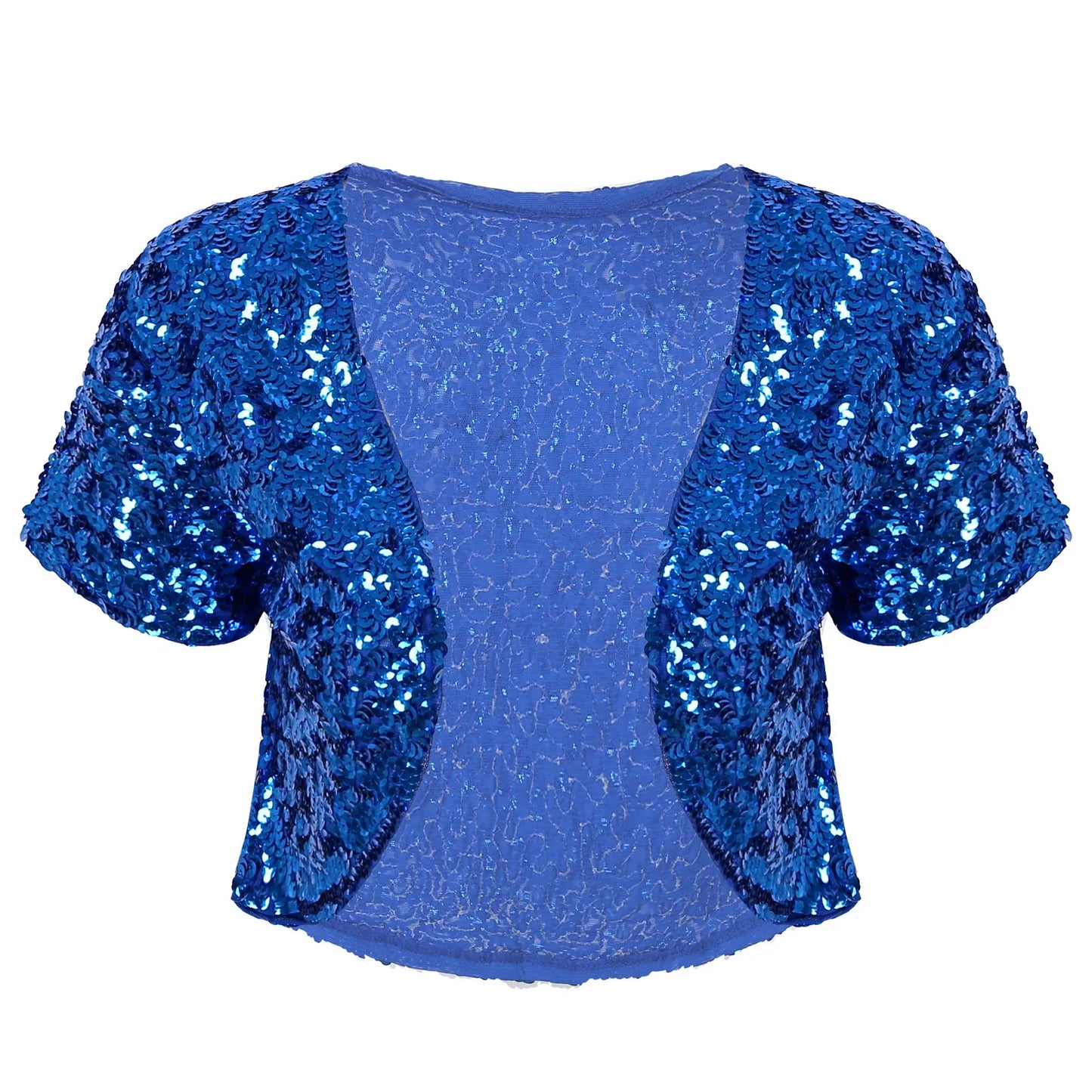 Casaco feminino retro com lantejoulas em azul brilhante, ideal para festas e eventos especiais