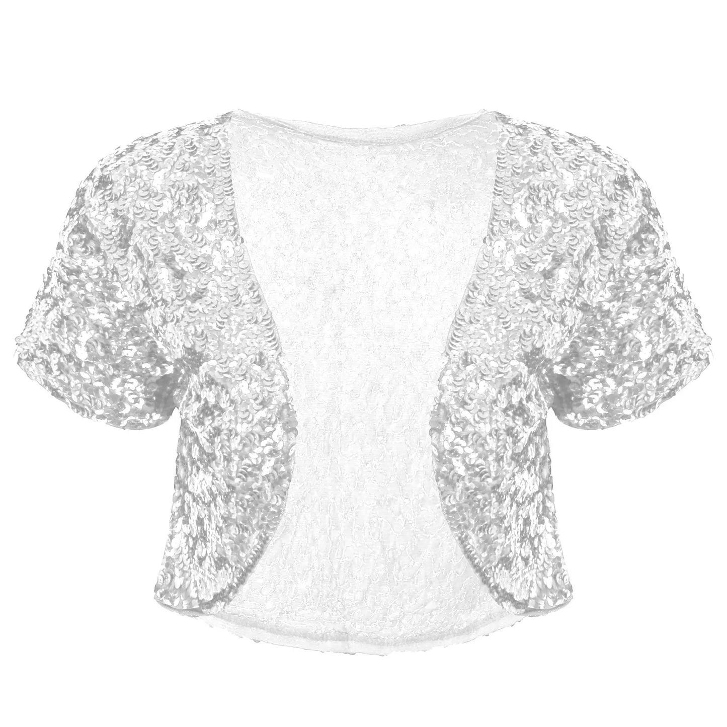 Casaco feminino retro com lantejoulas em prata com mangas curtas e design elegante