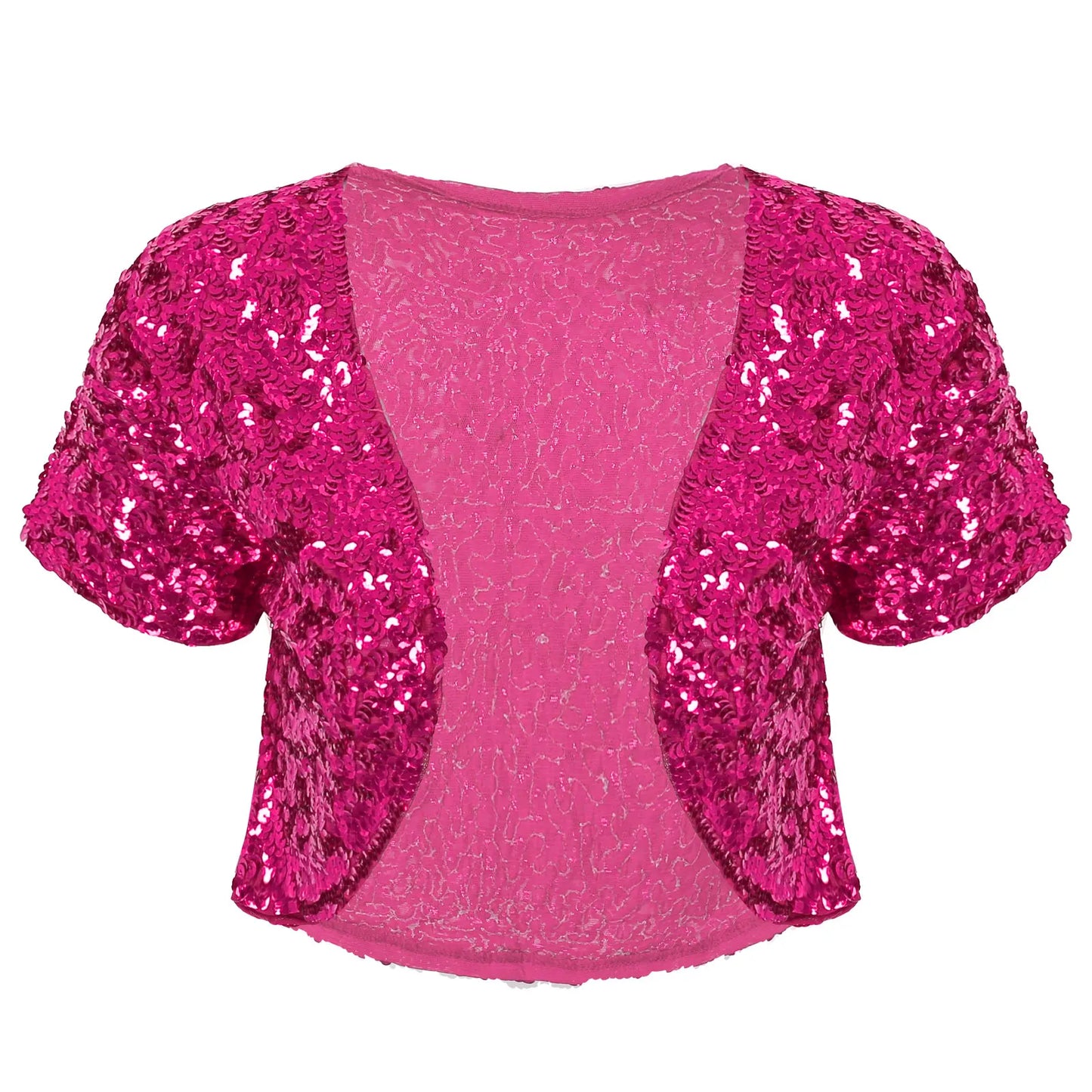 Casaco feminino retro com lantejoulas em rosa brilhante, ideal para ocasiรตes festivas