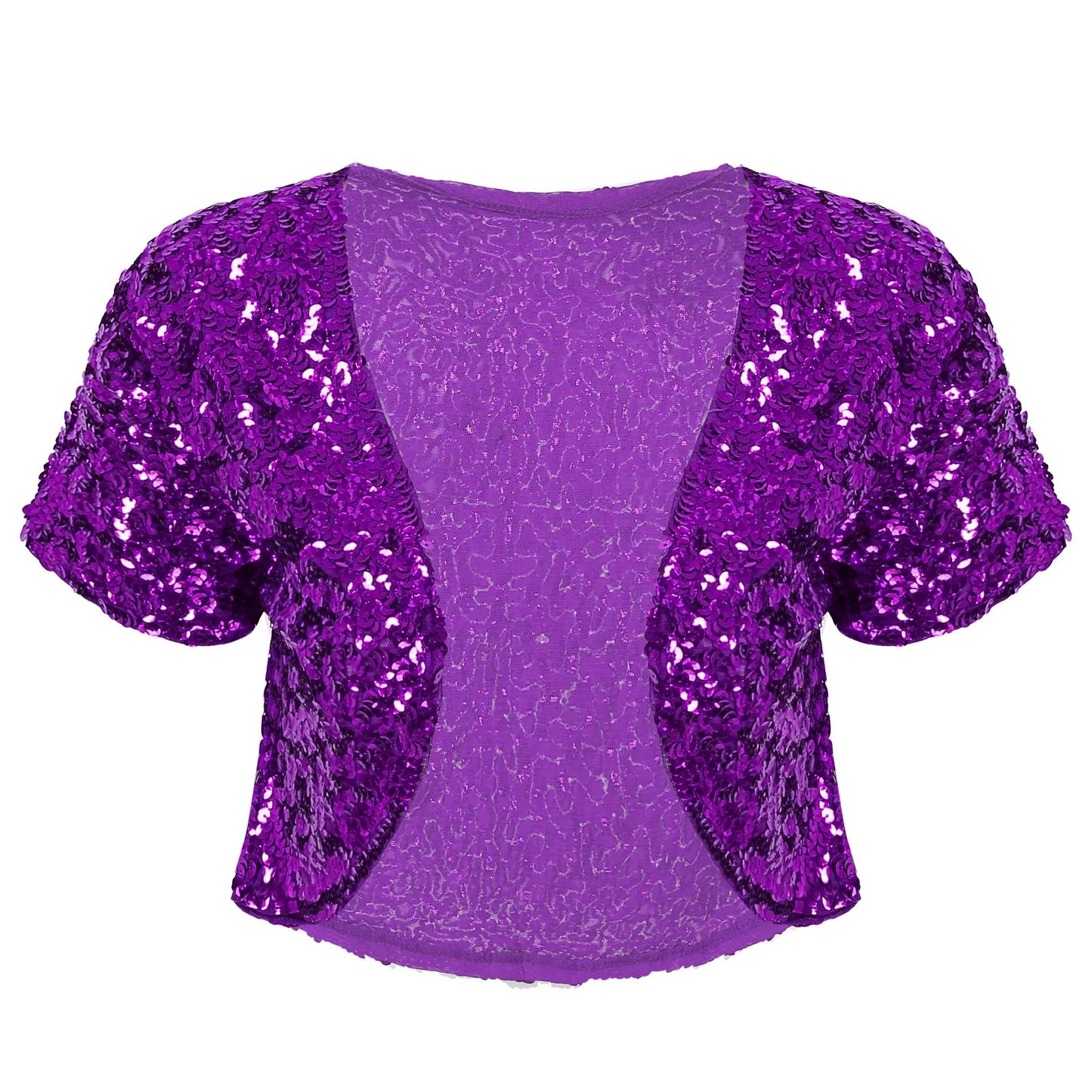 Casaco feminino retro com lantejoulas roxas brilhantes, ideal para festas e eventos especiais