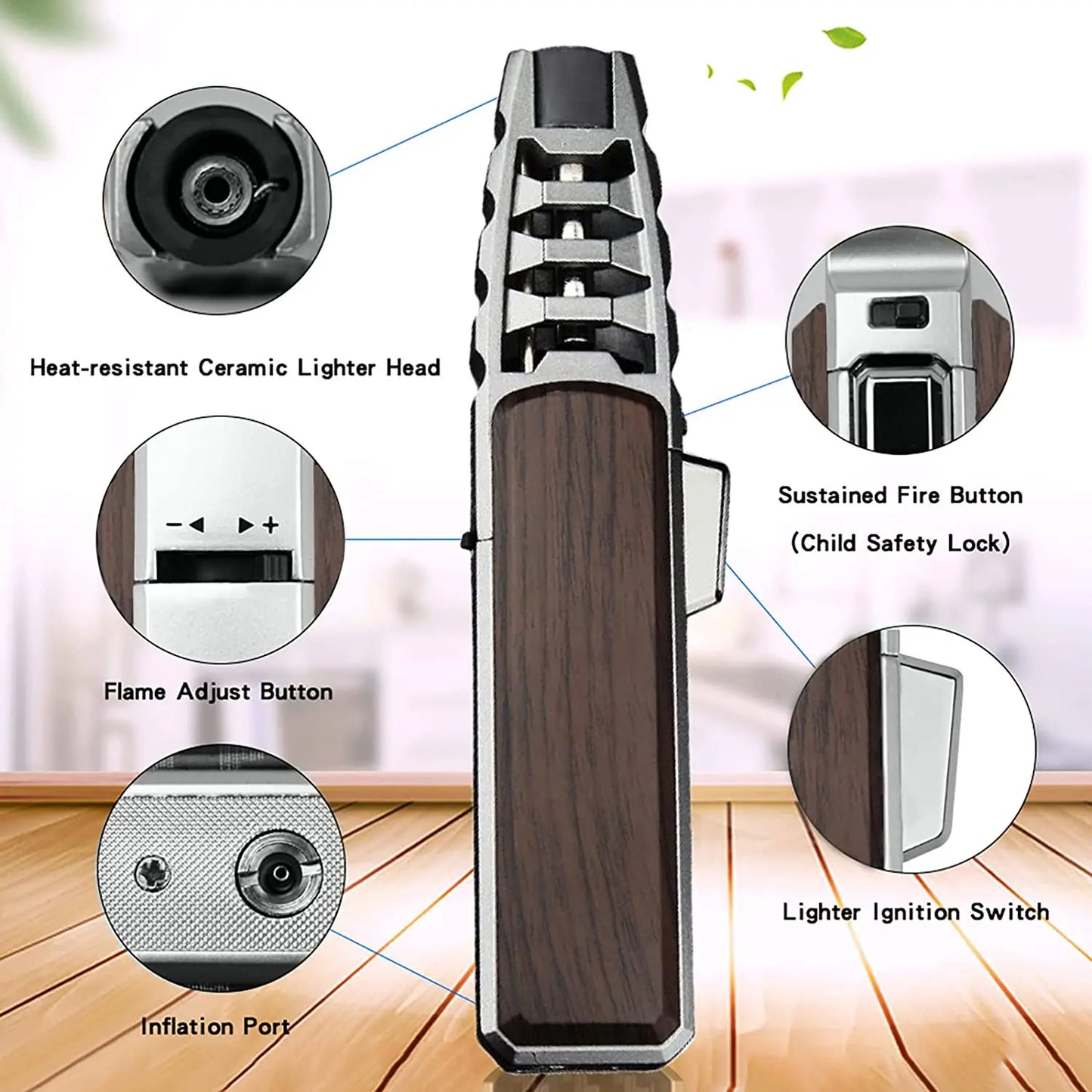 Tocha de chama de jato com design ergonômico e botões de ajuste de chama e ignição segura