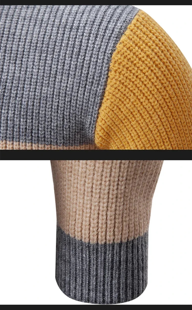 Casaco masculino outono inverno em malha com mangas em tons cinza e mostarda