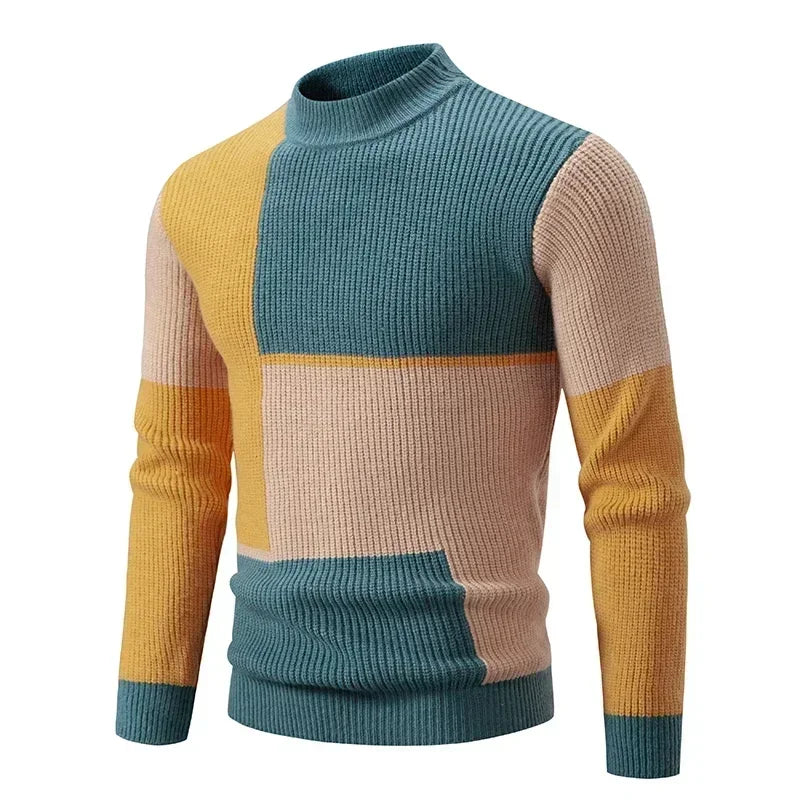 Casaco masculino outono inverno em malha com design em cores variadas e gola alta