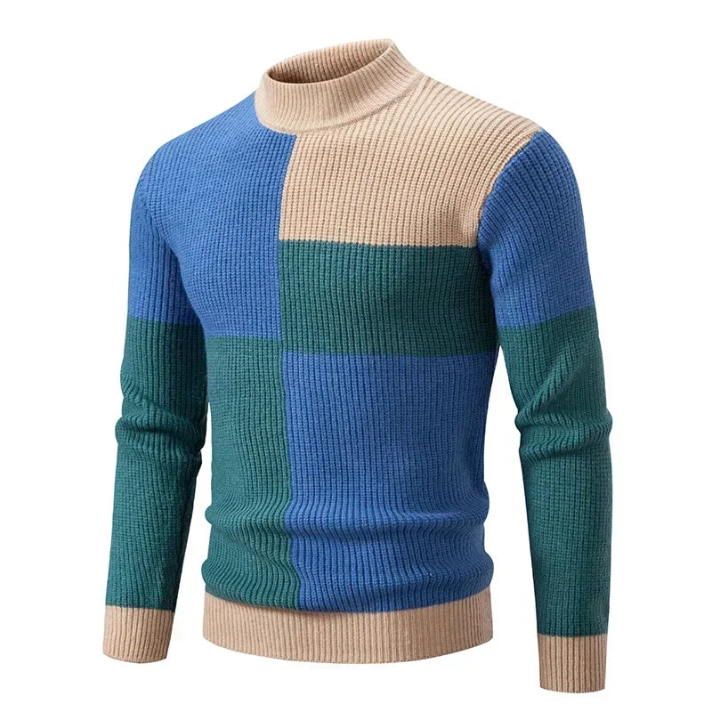 Casaco masculino outono inverno com design em blocos de cores azul, verde e bege, ideal para dias frios