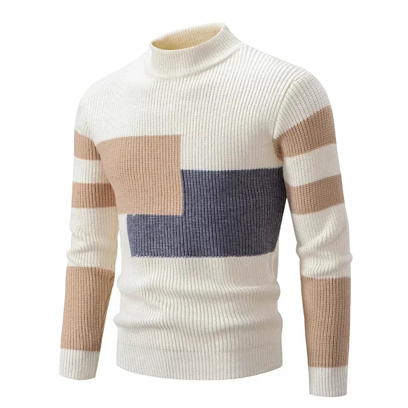Casaco masculino outono inverno em malha com design moderno em tons neutros e gola alta
