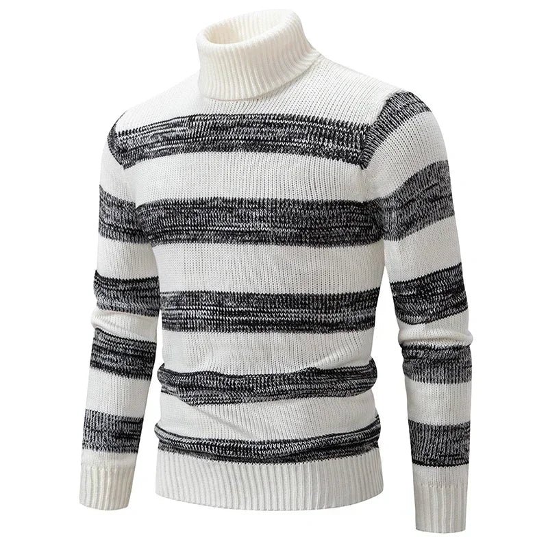 Casaco masculino outono inverno listrado em branco e preto com gola alta para aquecer com estilo