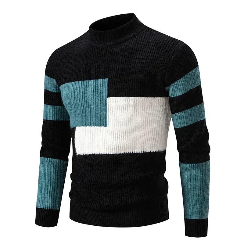 Casaco masculino outono inverno de malha com design listrado em preto e azul claro