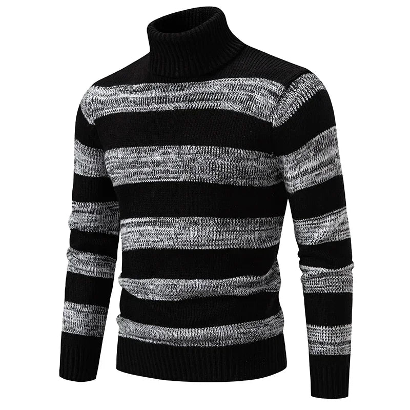 Casaco masculino outono inverno listrado em preto e cinza com gola alta e manga longa para aquecer