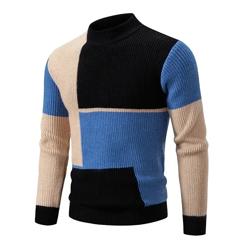 Casaco masculino outono inverno em malha com padrão em azul, preto e bege, estilo moderno e confortável