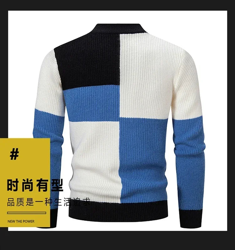 Casaco masculino outono inverno em knit com design quadrado em azul, preto e branco para estilo moderno