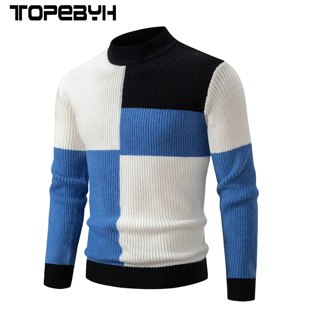 Casaco masculino outono inverno de lã com design em blocos de cores azul, preto e branco