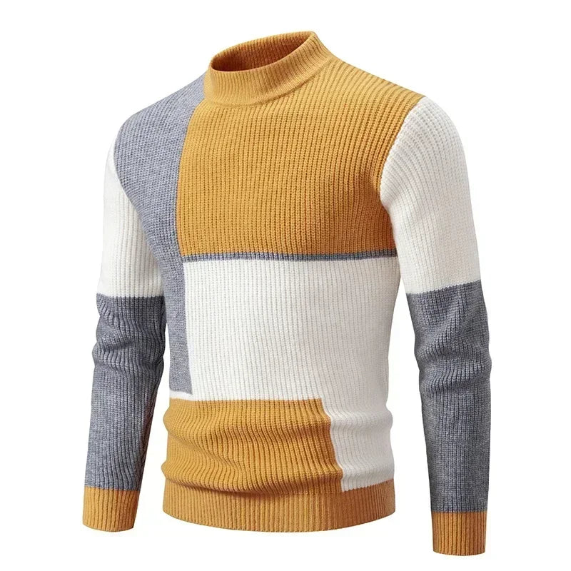 Casaco masculino outono inverno em malha listrada nas cores amarelo, cinza e branco para estilo moderno