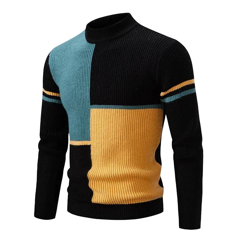 Casaco masculino outono inverno com design de cores em bloco, gola alta e mangas longas