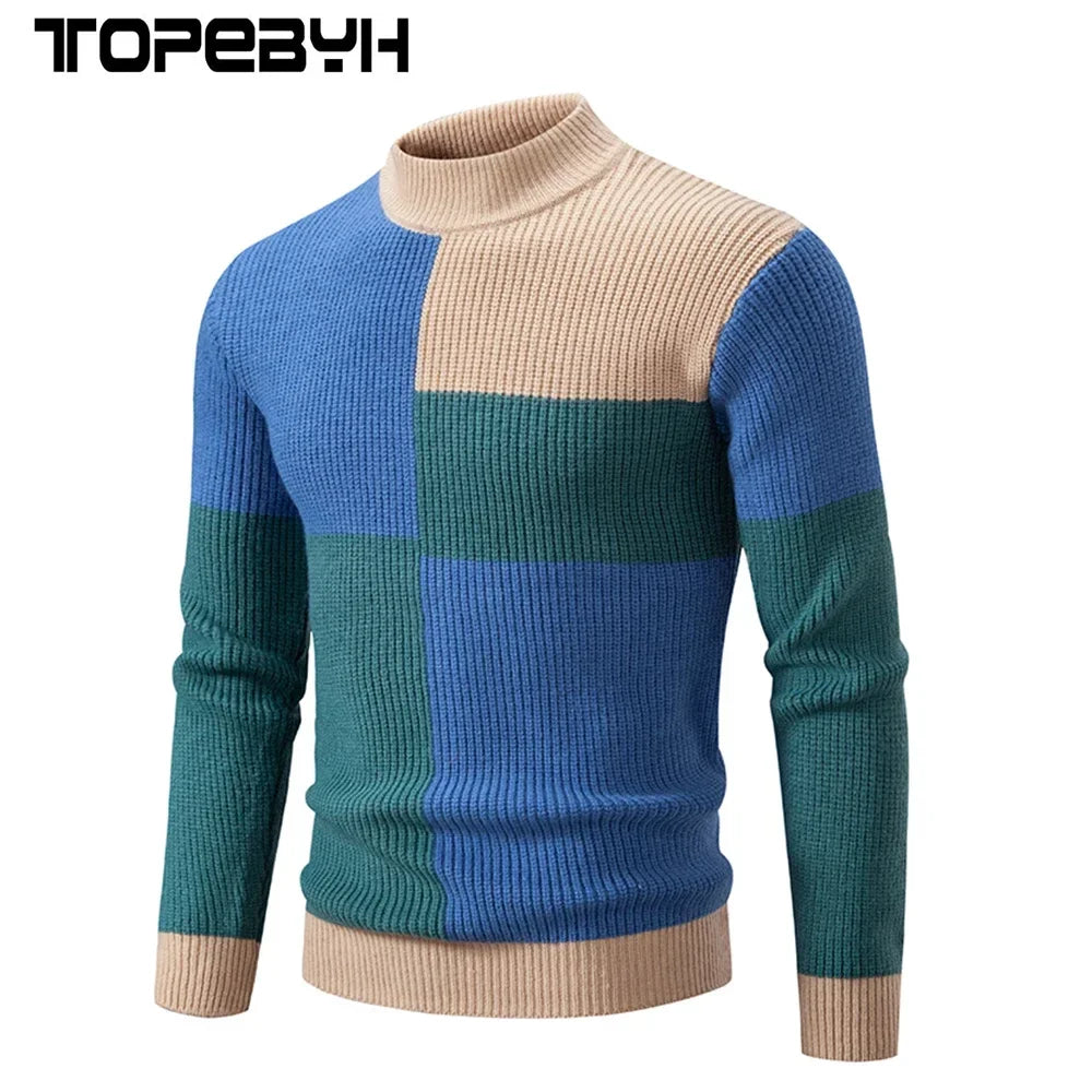 Suéter masculino com design de blocos de cores, ideal como casaco masculino outono inverno