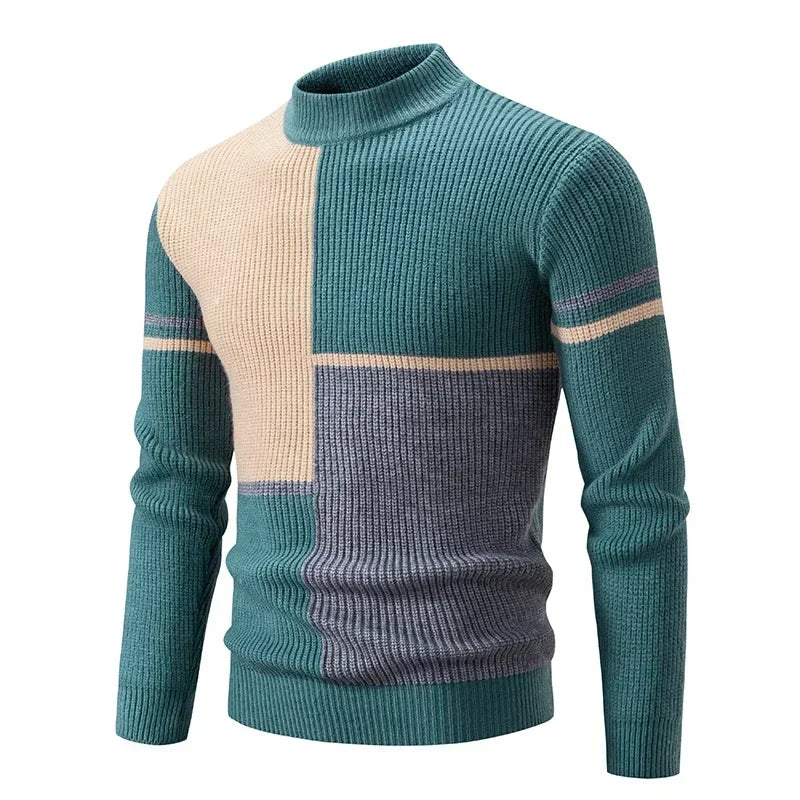 Casaco masculino outono inverno em malha com design em cores contrastantes e gola alta