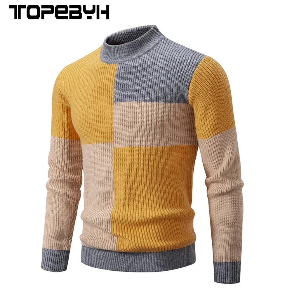 Casaco masculino outono inverno em malha com design em quadrados amarelos e cinzas