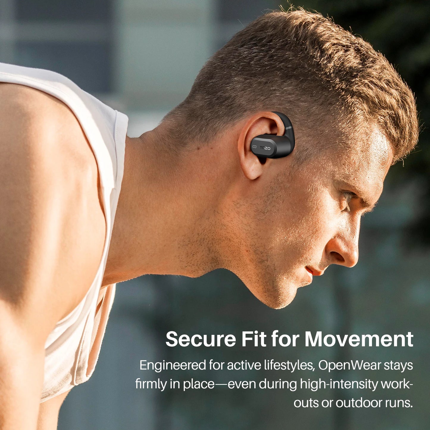 Fone de ouvido bluetooth esportivo TOZO com ajuste seguro para atividades físicas intensas