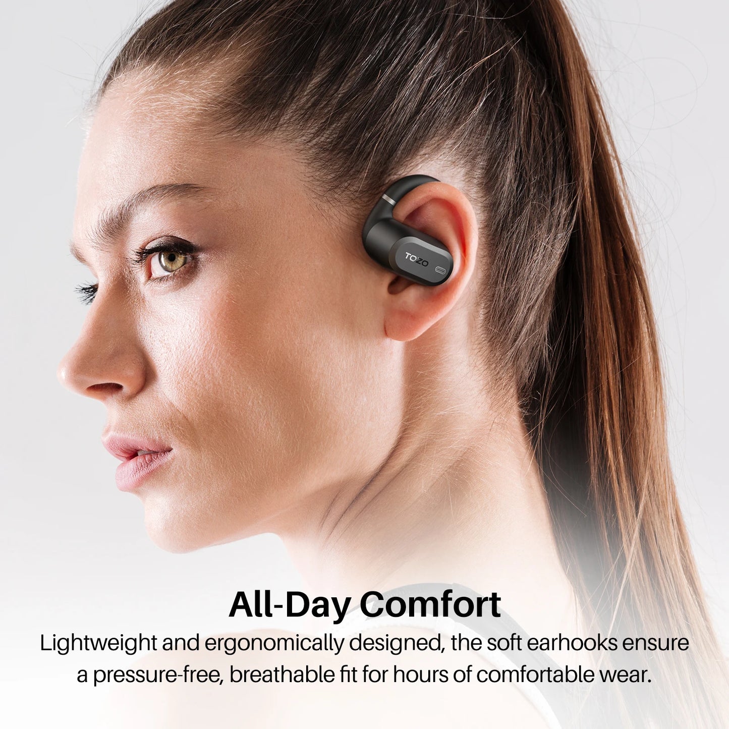 Fone de ouvido bluetooth esportivo TOZO com design ergonômico para conforto durante todo o dia