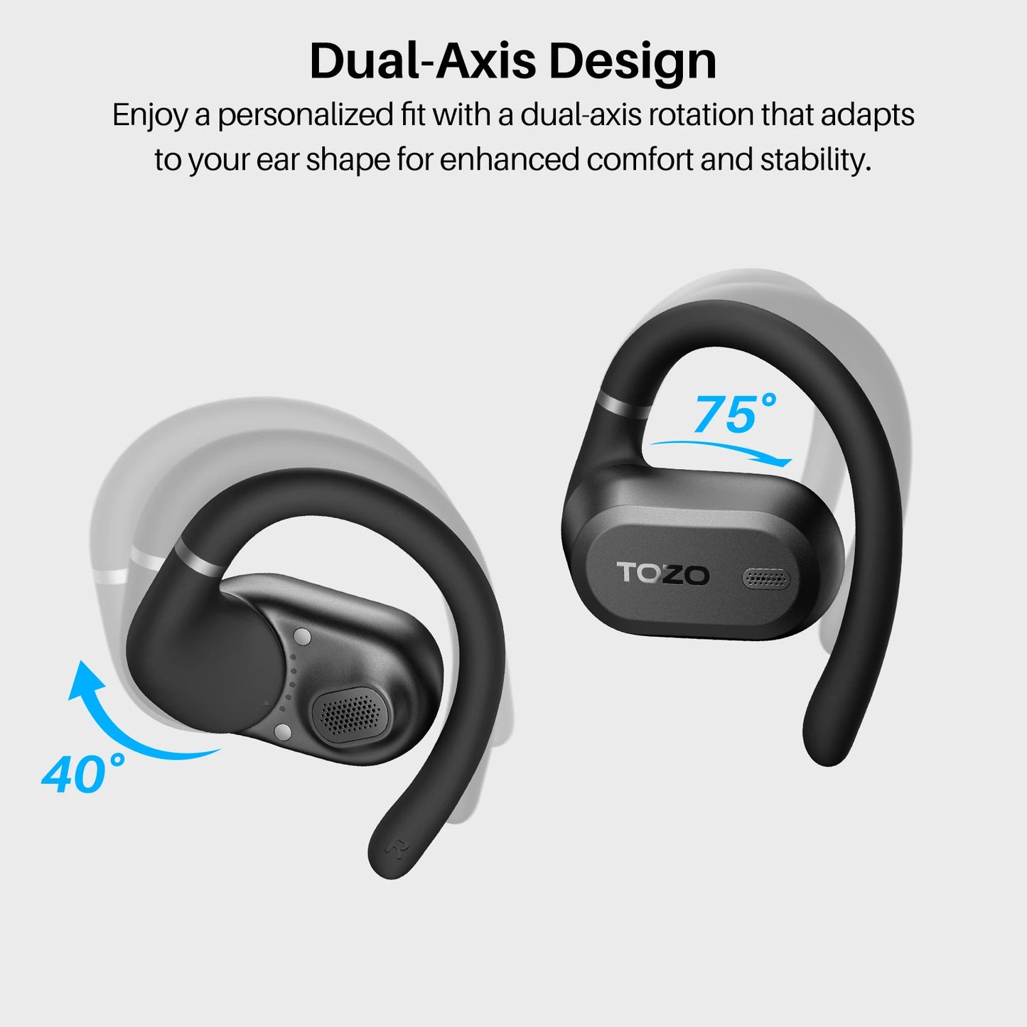 Fone de ouvido bluetooth esportivo TOZO com design de eixo duplo para conforto e estabilidade melhorados