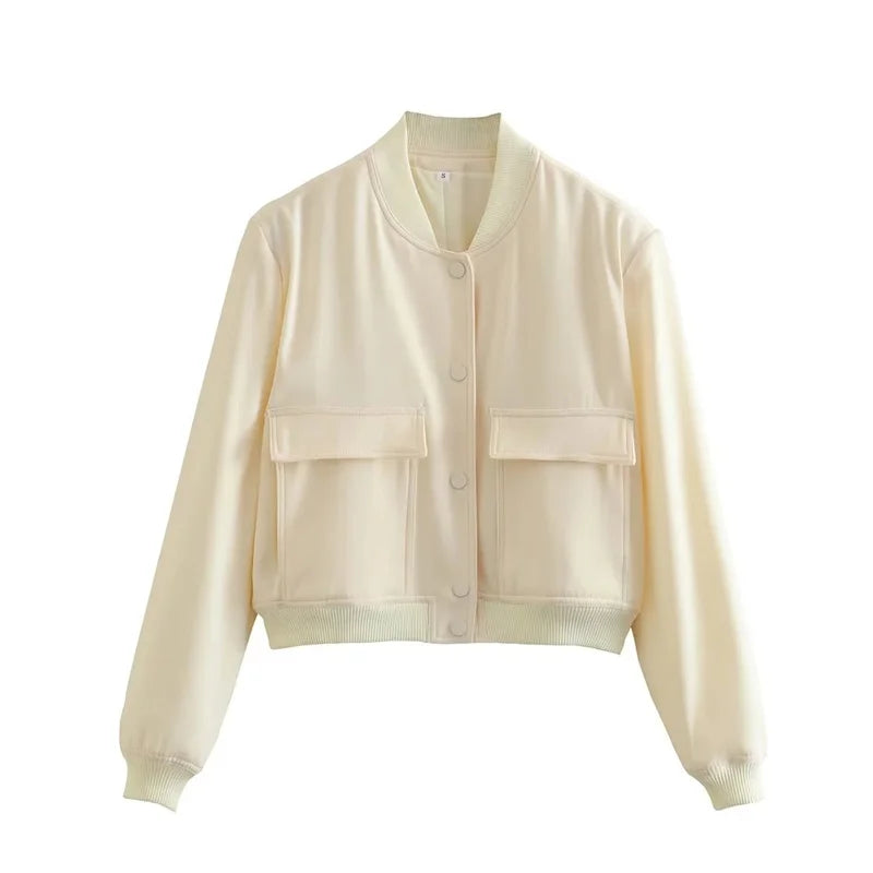 Jaqueta bomber feminina TRAF em tom claro com bolsos frontais e design casual
