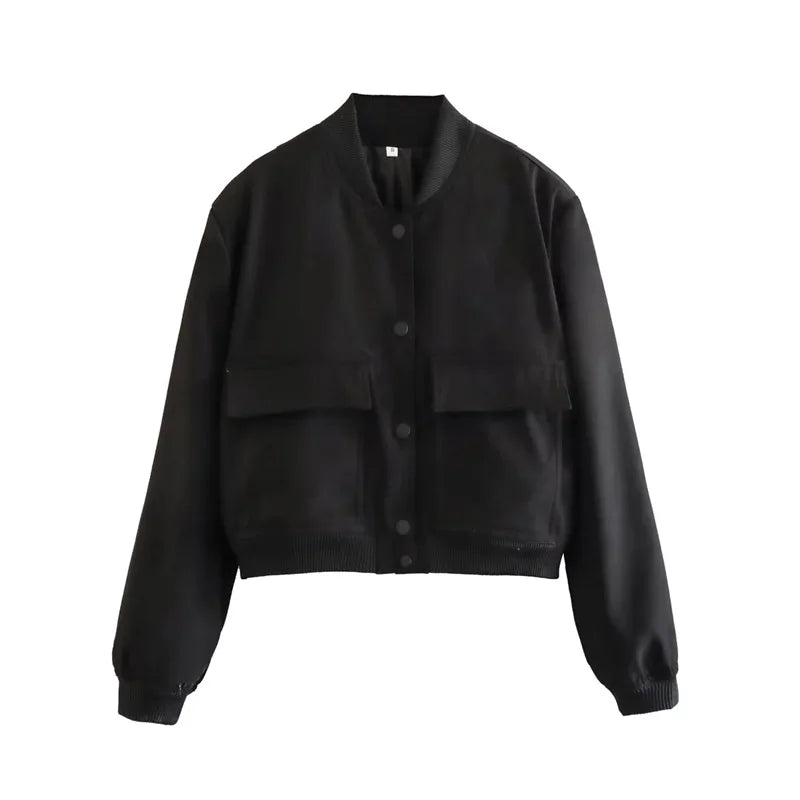 Jaqueta bomber feminina TRAF preta com bolsos frontais e estilo cropped