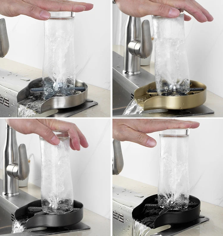 Lavador de copos XINCHEN com copo invertido sob torneira mostrando enxágue limpador de copos profissional restaurante