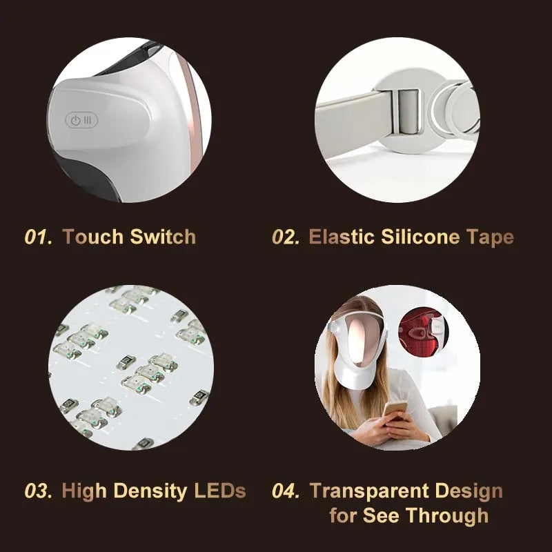 Máscara fotodinâmica facial VANCOSTAR com tratamento antiacne com luz led, toque sensível e fita de silicone elástica