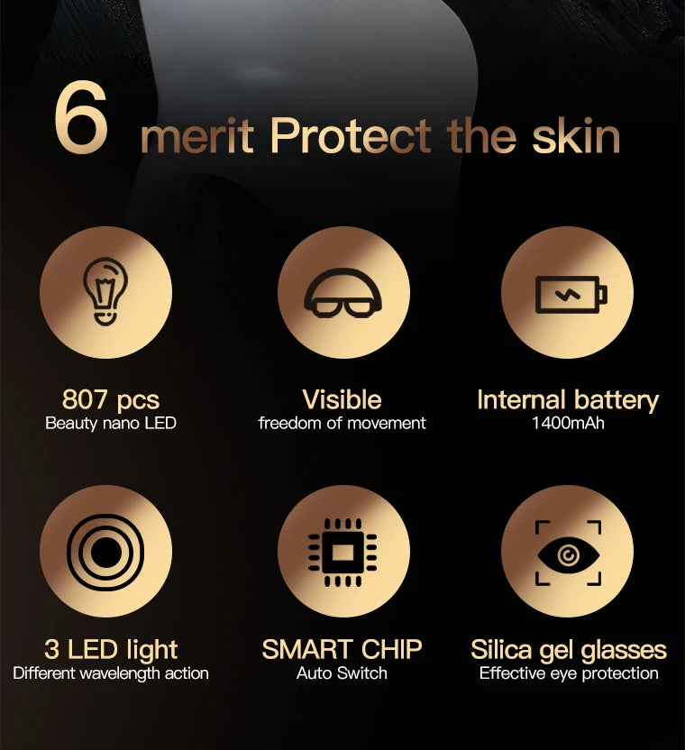 Máscara fotodinâmica facial VANCOSTAR com 807 LEDs nano para tratamento antiacne com luz led e proteção ocular