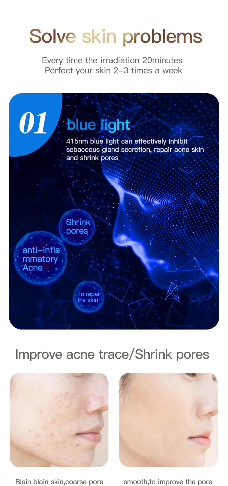 Máscara fotodinâmica facial VANCOSTAR para tratamento antiacne com luz led reduz marcas e diminui poros