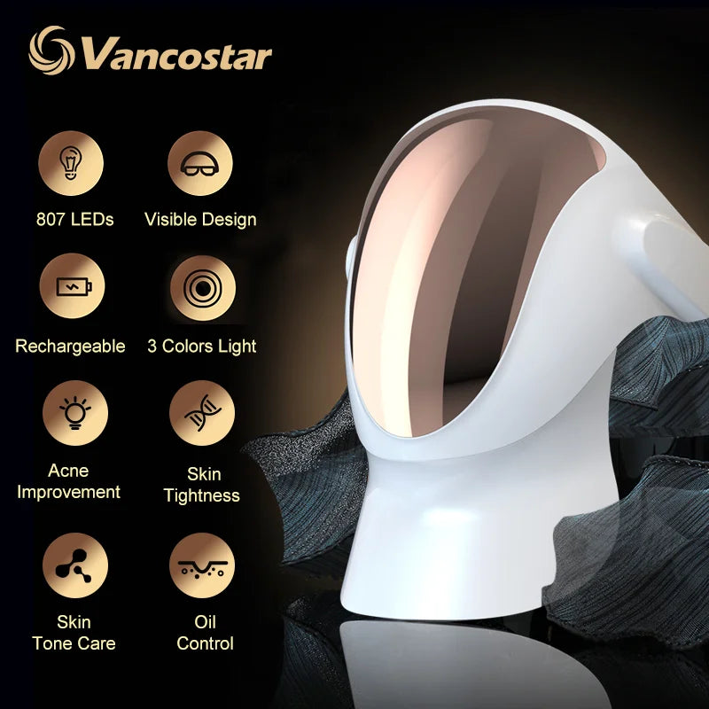 Máscara fotodinâmica facial VANCOSTAR com 807 LEDs para tratamento antiacne com luz led e cuidados da pele