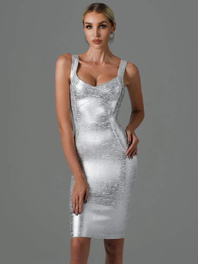 Vestido bandage feminino prateado da GENU com decote em V e design justo para ocasiões especiais