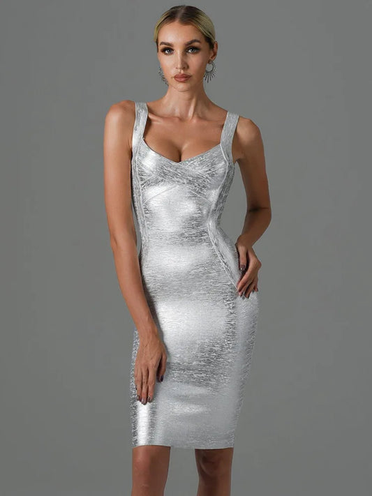 Vestido bandage feminino prateado da GENU com decote em V e design justo para ocasiões especiais