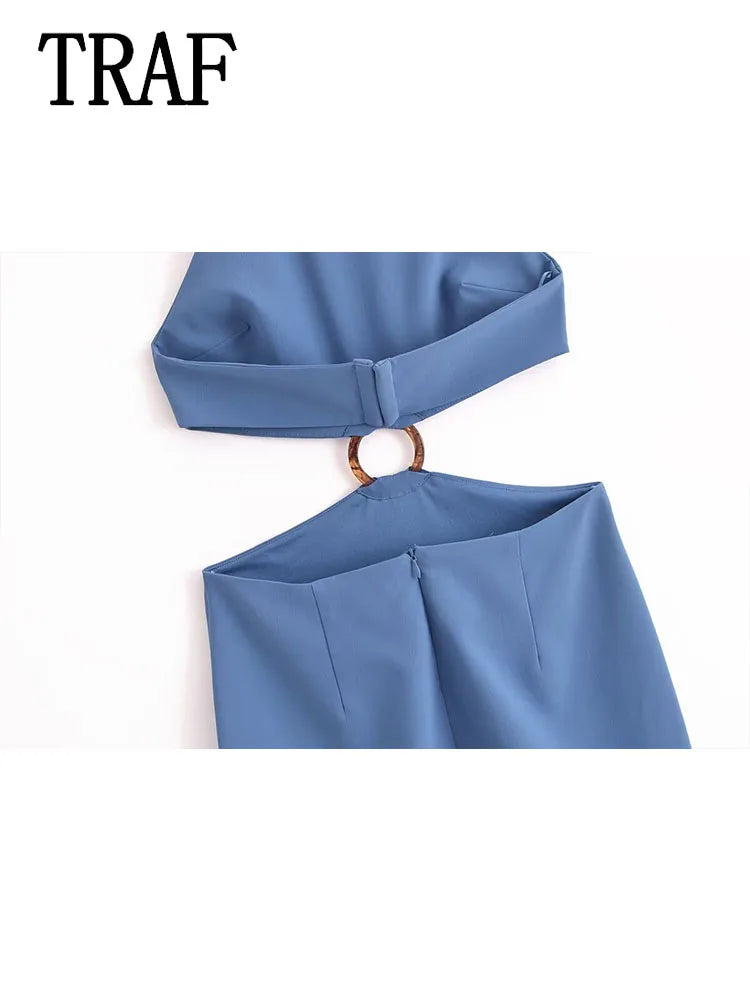 Vestido costas nuas elegante BTB.WO em azul com detalhe em argola na cintura