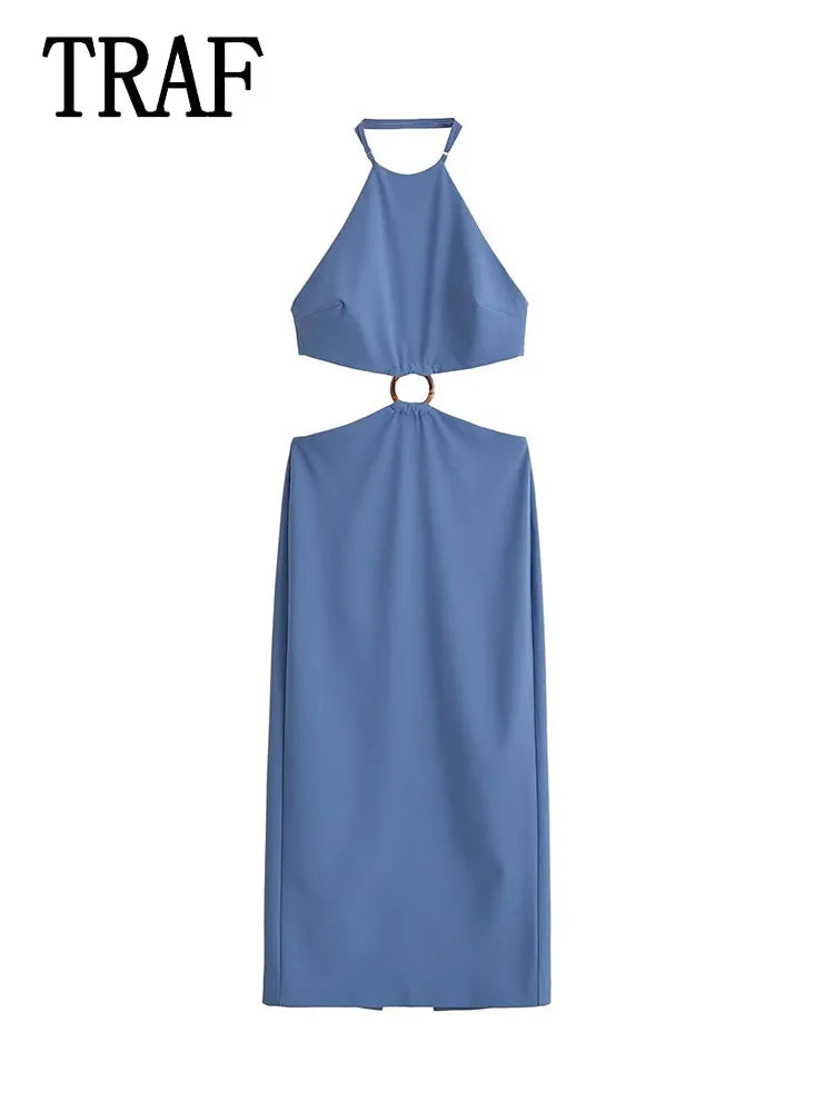 Vestido costas nuas elegante em azul, com detalhe de argola na cintura e design sofisticado para festas