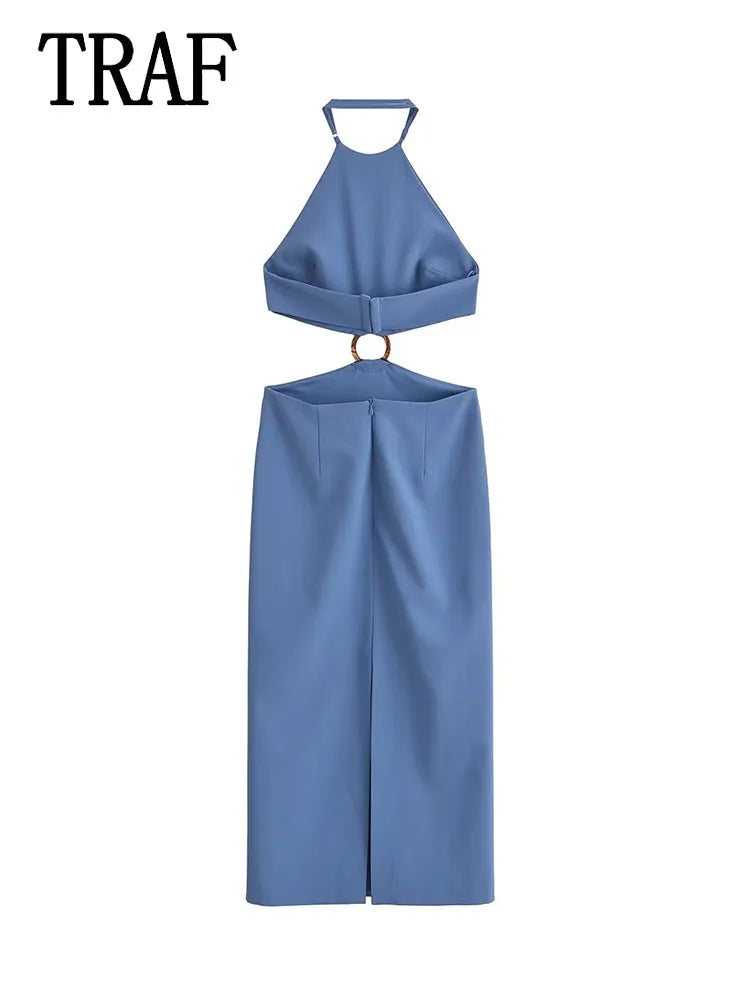 Vestido costas nuas elegante BTB.WO em azul com design moderno e detalhe em argola