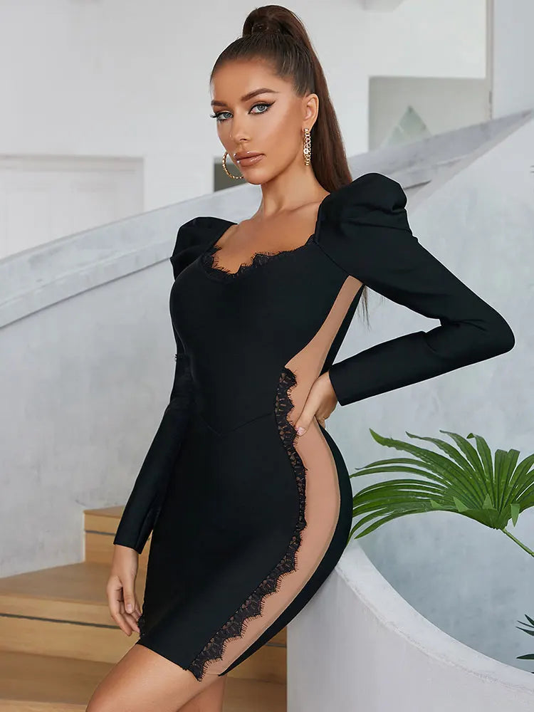 Vestido de festa feminino UPAVONU preto com detalhes de renda e mangas bufantes