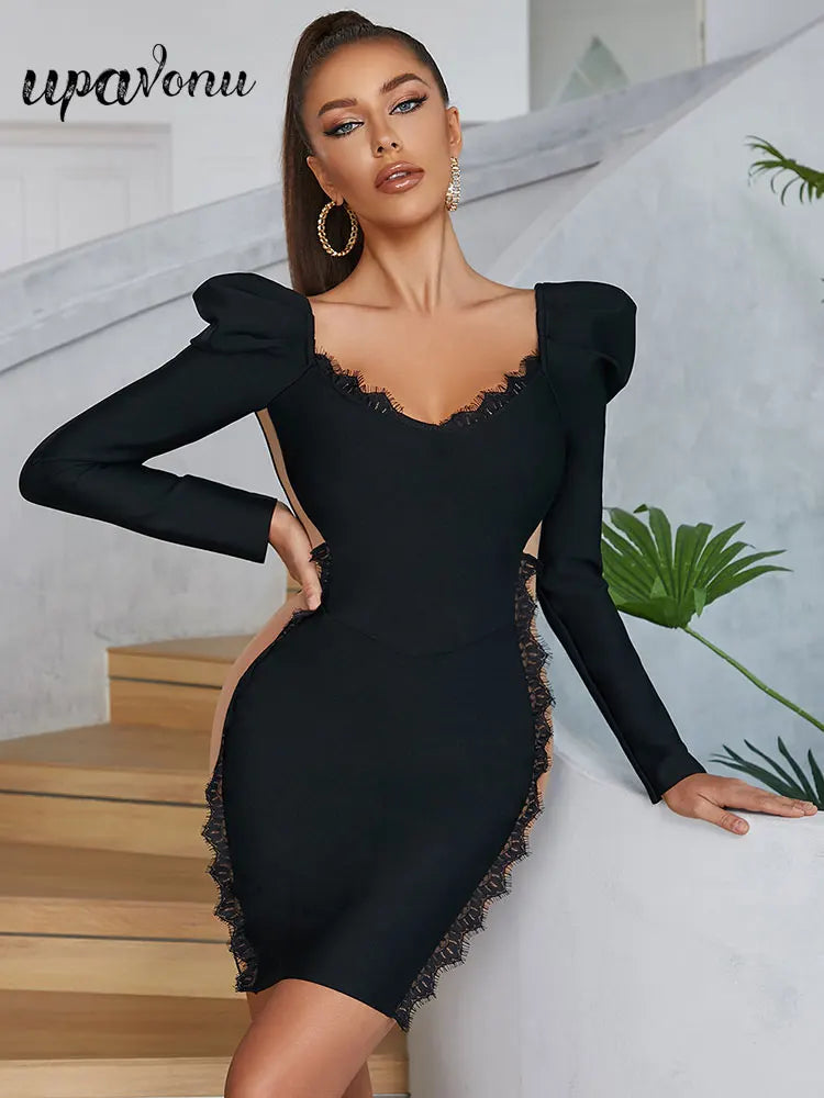 Vestido de festa feminino UPAVONU preto com mangas bufantes e detalhe em renda nas laterais