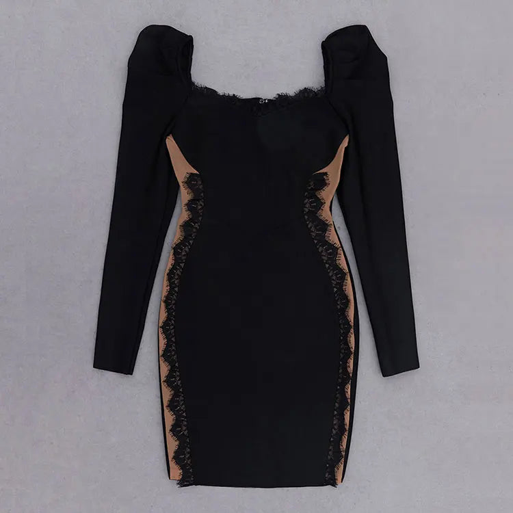 Vestido de festa feminino UPAVONU em preto com detalhes em renda e mangas longas