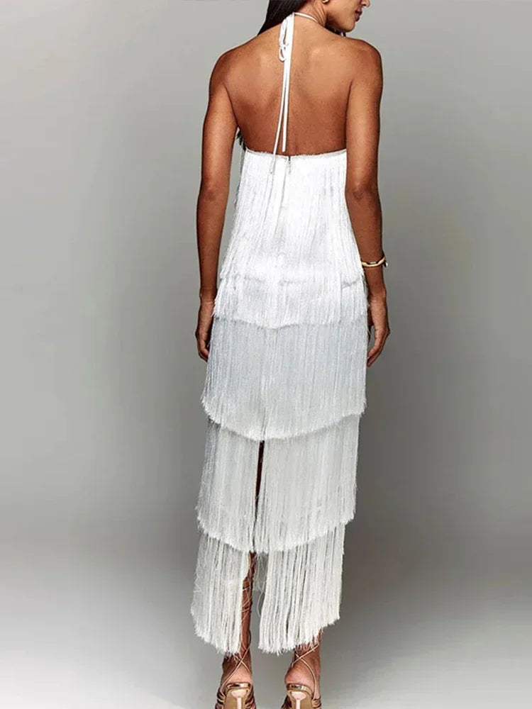 Vestido de franjas feminino festa da MCCKLE em branco com detalhes em camadas e costas nuas