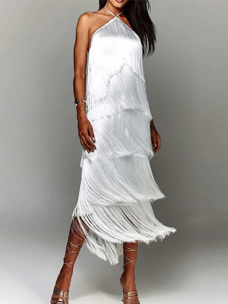 Vestido de franjas feminino festa da MCCKLE em tom claro com design elegante e fluido