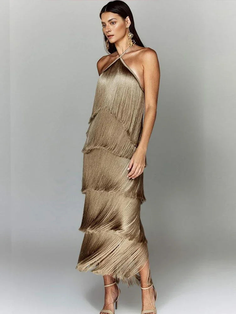 Vestido de franjas feminino festa da MCCKLE em tom dourado, ideal para ocasiรตes elegantes