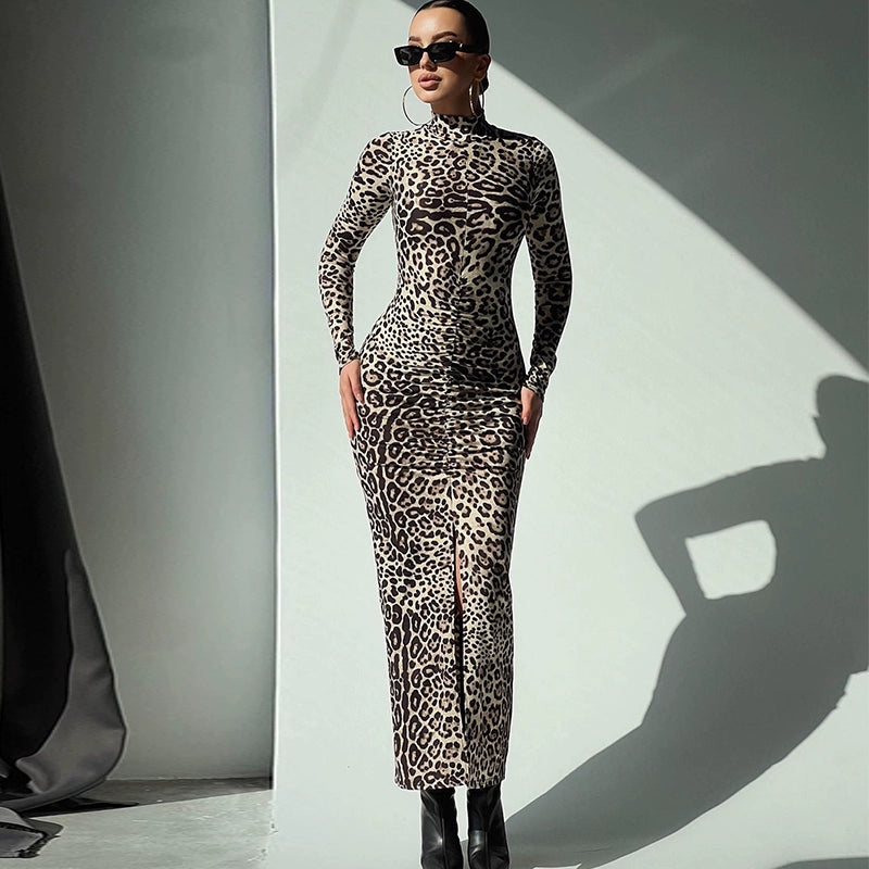 Vestido emagrecedor feminino estampado de oncinha com fenda lateral e manga longa da marca CNGIRL