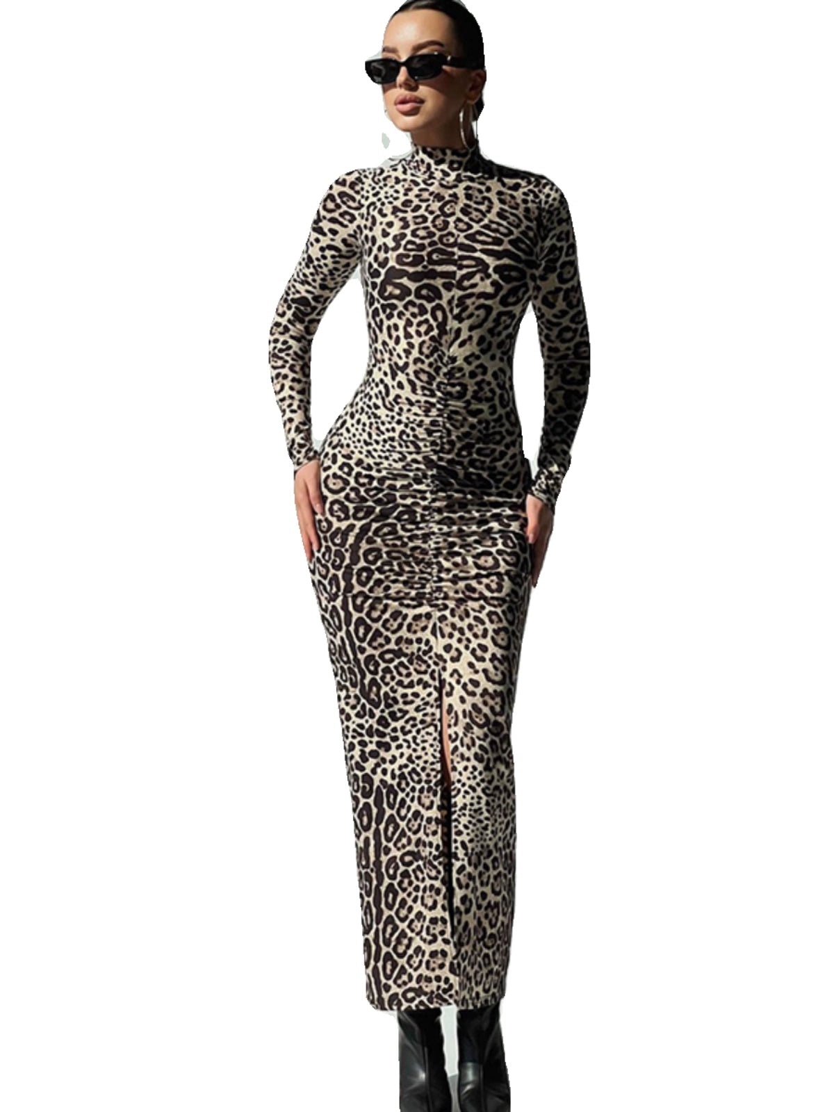 Vestido emagrecedor feminino da CNGIRL com estampa de leopardo e fenda lateral para um look elegante