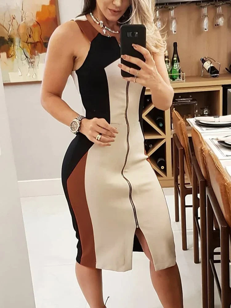 Vestido feminino colorblock com zíper frontal e design elegante para ocasiões especiais