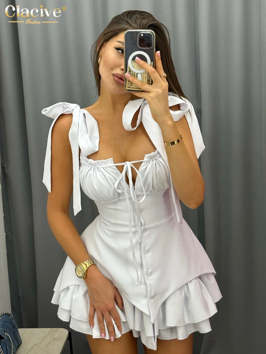 Vestido feminino elegante CLACIVE branco com detalhes de laço nos ombros e babados