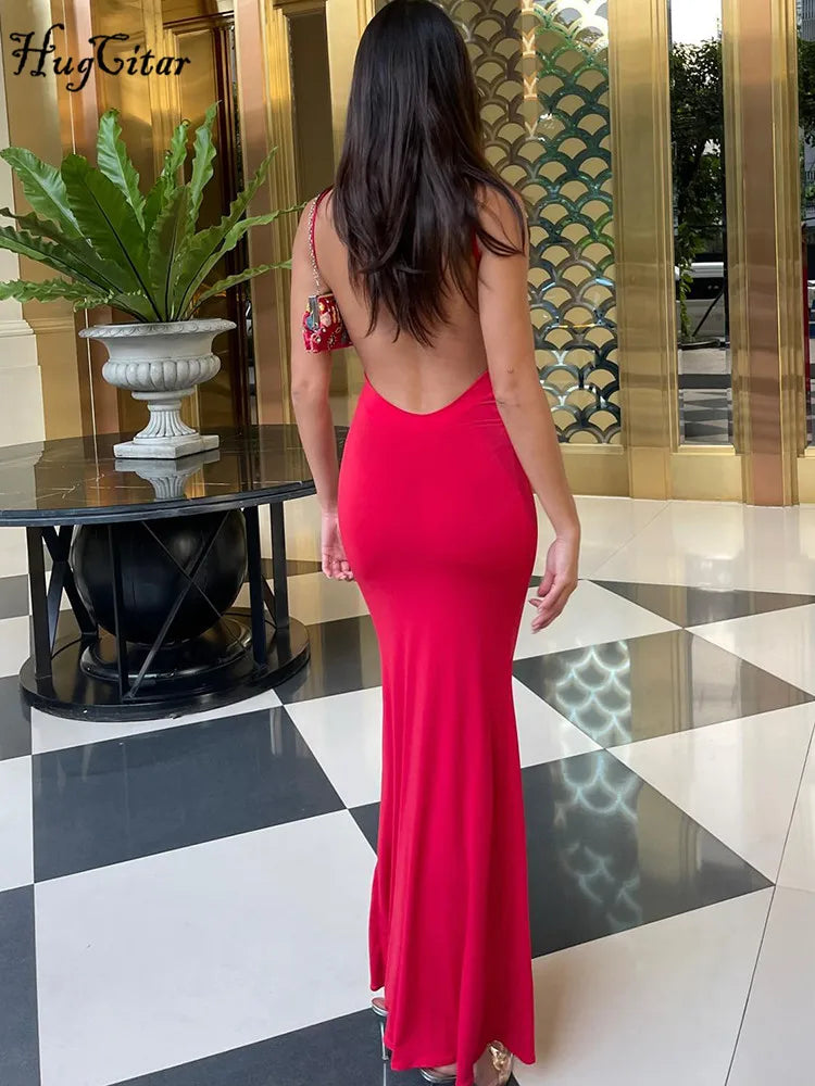 Vestido feminino elegante da HUGCITAR em vermelho com costas nuas e corte justo