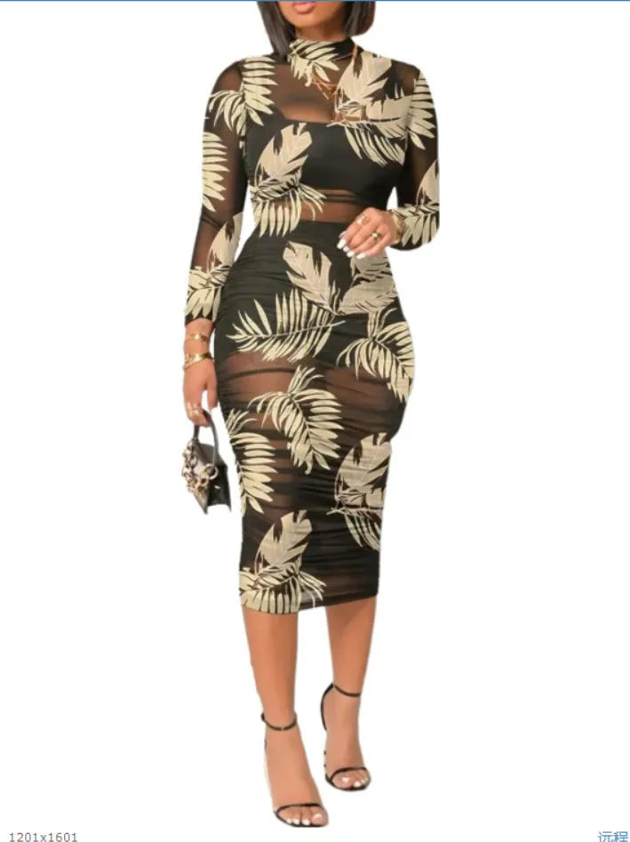 Vestido feminino flores de malha transparente com estampas de folhas e mangas longas para ocasiões especiais