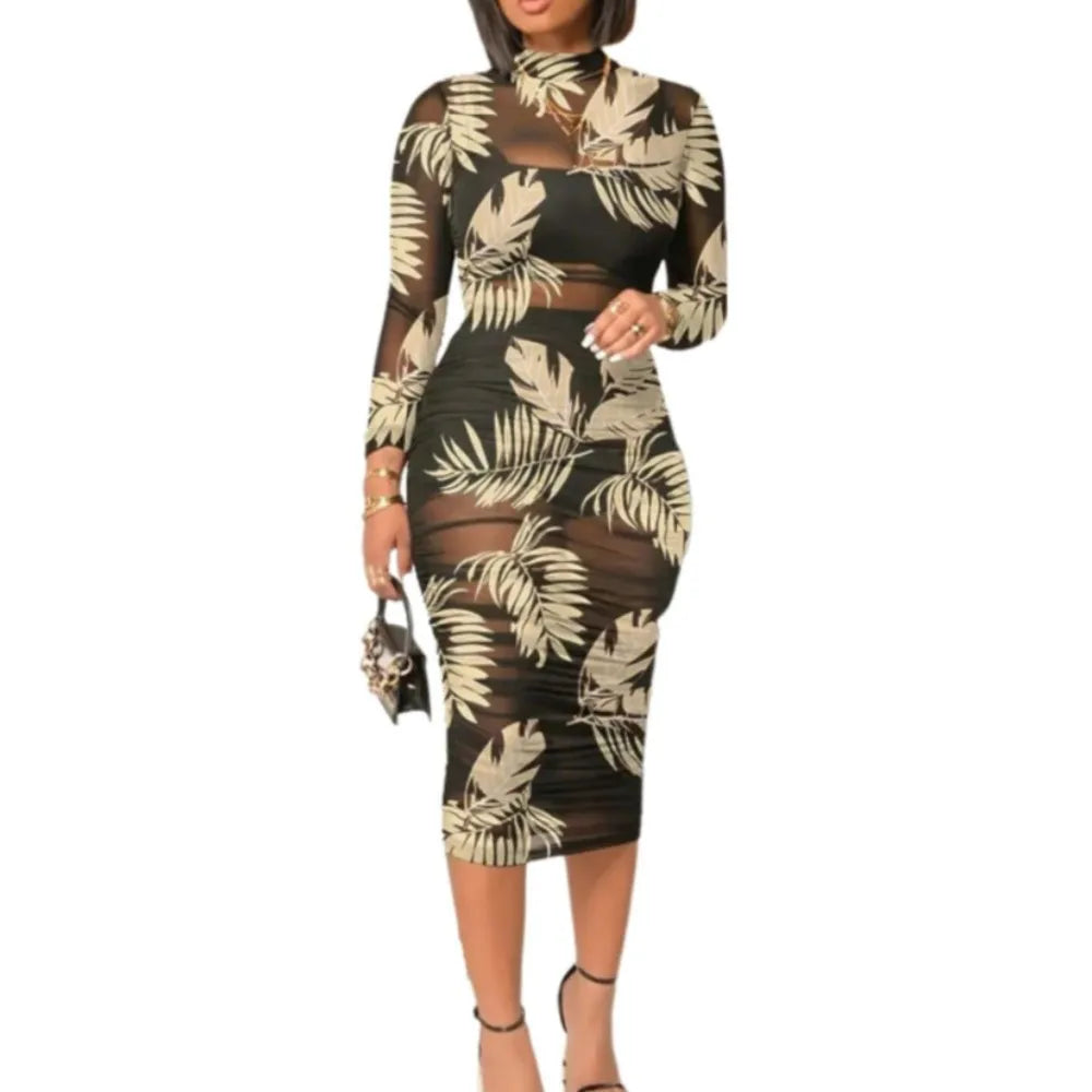 Vestido feminino flores com estampa de folhas em estilo elegante e justo, ideal para ocasiões especiais