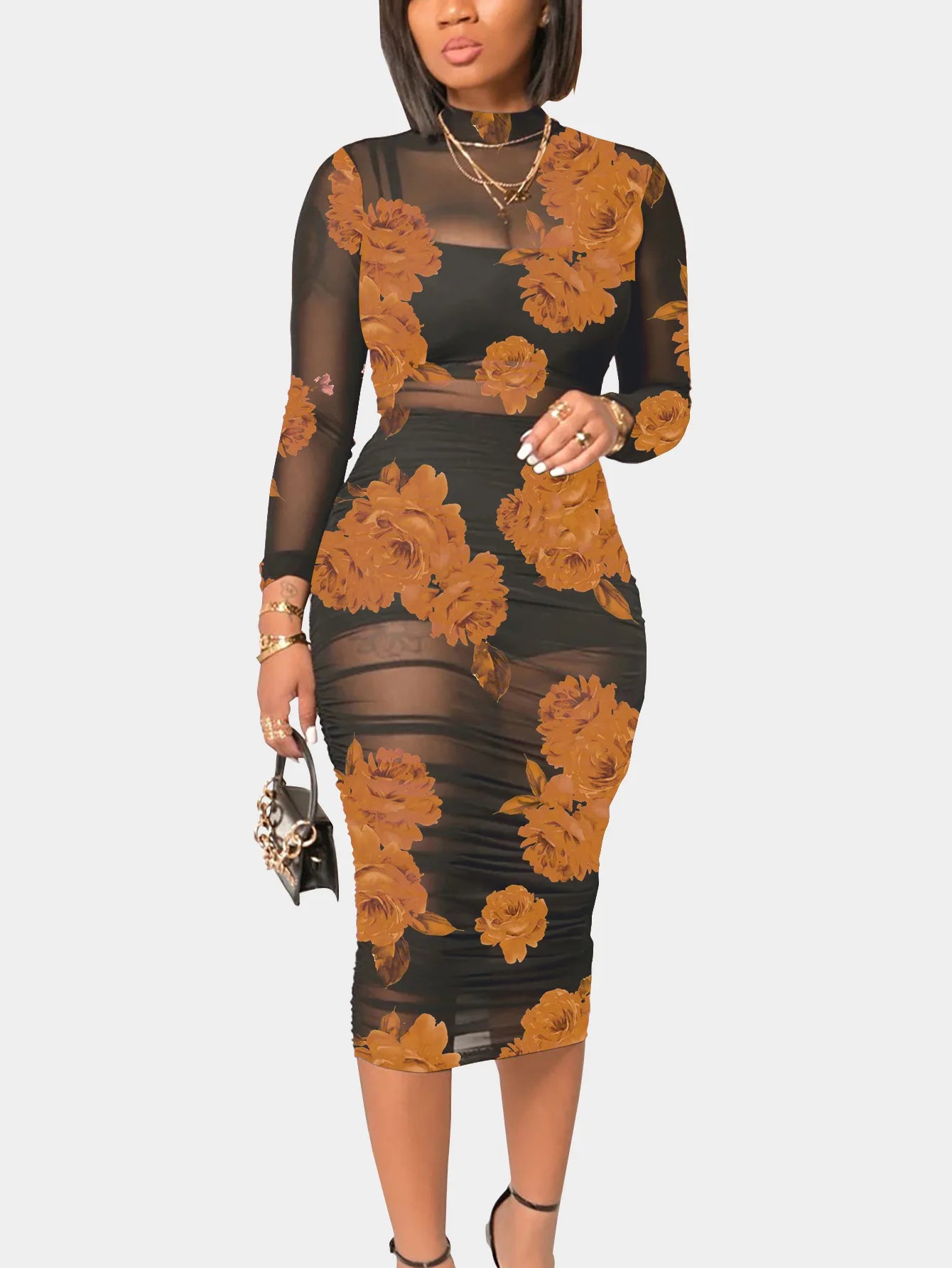 Vestido feminino flores preto com estampa floral em tons de laranja e manga longa para ocasiões elegantes